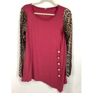 Viishow Maroon Leopard Print Buttoned Pullover Sweater Women's Size Medium